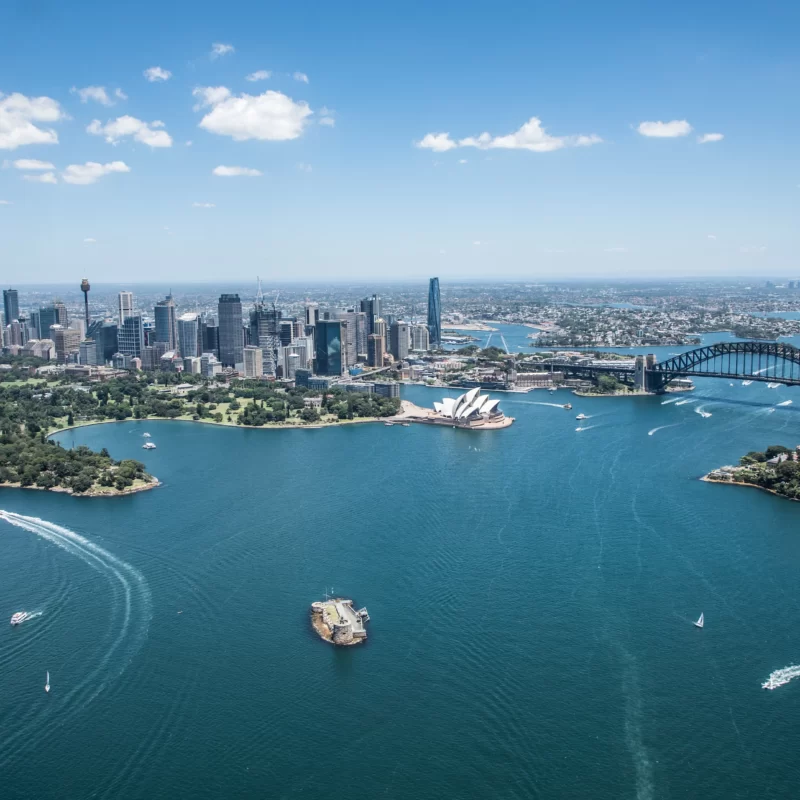 Aerial view of the Sydney Harbour Bridge and the Sydney Opera House