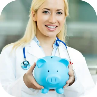 young blonde female doctor holding a blue piggy bank