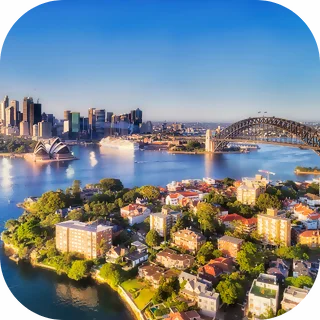 View of Sydney CBD, Opera House, Sydney Harbour Bridge and harbour.